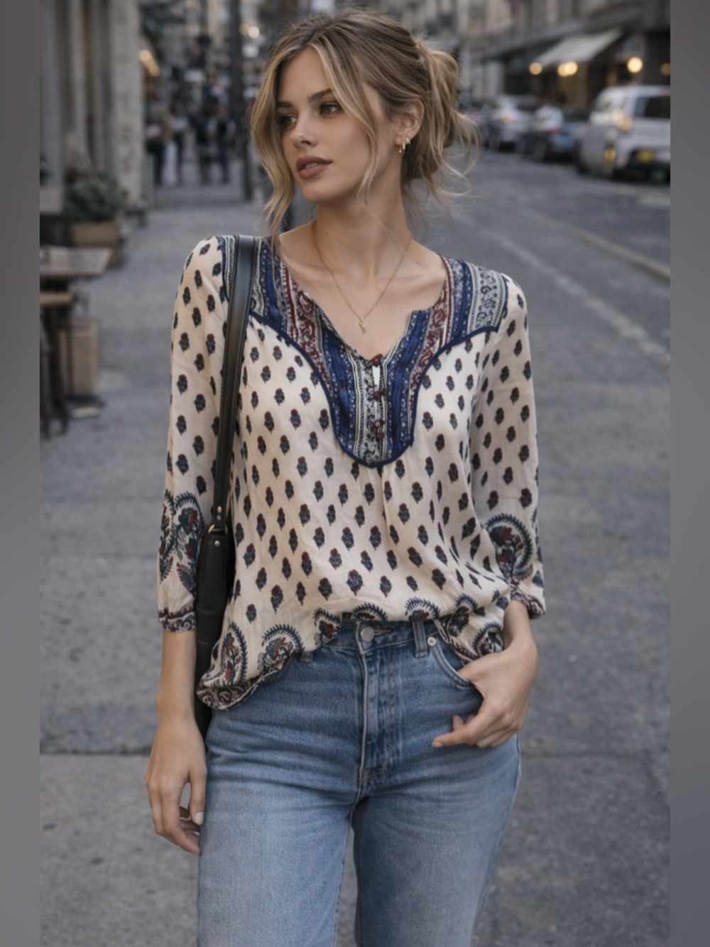 Lucky Brand Boho Print Blouse Small Cream Blue Paisley Peasant Top